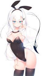 Rule 34 | 1girl, animal ears, black leotard, black thighhighs, blue eyes, blush, breasts, cleavage, closed mouth, collarbone, covered navel, fake animal ears, fake tail, hair between eyes, hair ornament, hairclip, hand on own thigh, highleg, highleg leotard, highres, jacket, leaning forward, leotard, looking at viewer, open clothes, open jacket, original, otokuyou, playboy bunny, rabbit ears, rabbit tail, ringo-chan (otokuyou), short hair, simple background, small breasts, solo, standing, strapless, strapless leotard, tail, thighhighs, white background, white hair, white jacket