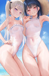 Rule 34 | 2girls, armpits, bare legs, bare shoulders, barefoot, beach, black hair, black ribbon, blue sky, blush, breasts, cloud, cloudy sky, covered navel, day, food-themed hair ornament, grey hair, grin, hair ornament, hair ribbon, half-closed eyes, hand on headwear, hat, highres, holding hands, horizon, ichigo-chan (mignon), kneeling, kouhai-chan (mignon), licking lips, long hair, looking at viewer, medium hair, mignon, multiple girls, ocean, one-piece swimsuit, open mouth, original, outdoors, pink eyes, purple eyes, ribbon, sand, sky, small breasts, smile, strapless, strapless one-piece swimsuit, straw hat, strawberry hair ornament, sun hat, swimsuit, teeth, tongue, tongue out, twintails, v, water, wet, wet clothes, white one-piece swimsuit