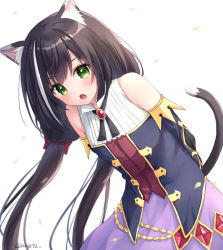 Rule 34 | 1girl, :o, animal ear fluff, animal ears, anz32, arms behind back, bad id, bad pixiv id, bare shoulders, black hair, black sleeves, blush, bow, brooch, cat ears, cat girl, cat tail, collared shirt, commentary request, cowboy shot, detached sleeves, dress, fang, green eyes, hair between eyes, hair bow, jewelry, karyl (princess connect!), leaning forward, long hair, long sleeves, looking at viewer, low twintails, multicolored clothes, multicolored dress, multicolored hair, open mouth, princess connect!, purple bow, purple skirt, red bow, shirt, simple background, skirt, sleeveless, sleeveless shirt, solo, streaked hair, tail, tail raised, twintails, twitter username, very long hair, white background, white hair, white shirt