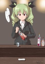 Rule 34 | 1girl, absurdres, alcohol, anchovy (girls und panzer), barefoot, black hoodie, black ribbon, bottle, closed mouth, collared shirt, commentary, cup, dated, drawstring, drill hair, drinking glass, drops mint, girls und panzer, green hair, hair ribbon, highres, holding, holding bottle, hood, hood down, hoodie, long hair, long sleeves, looking at viewer, red eyes, ribbon, shirt, shot glass, smile, solo, standing, translated, twin drills, twintails, white shirt, wing collar