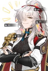 Rule 34 | 1boy, 625light, absurdres, armor, black shirt, bridal gauntlets, cape, chinese clothes, closed mouth, commentary request, crossed arms, crossed bangs, hair over one eye, hair ribbon, high ponytail, highres, honkai: star rail, honkai (series), jacket, jing yuan, long hair, looking at viewer, male focus, mandarin collar, mole, mole under eye, notice lines, one eye covered, open clothes, open jacket, parted bangs, pauldrons, ponytail, red cape, red ribbon, ribbon, shirt, shoulder armor, sidelocks, simple background, single pauldron, smile, solo, tassel, translation request, upper body, white background, white hair, white jacket, yellow eyes