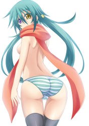 Rule 34 | 1girl, aqua hair, ass, bad id, bad pixiv id, breasts, cameltoe, heterochromia, highres, long hair, original, panties, rebecca arcane, scarf, solo, striped clothes, striped panties, suterii, thighhighs, topless, twintails, underwear, underwear only