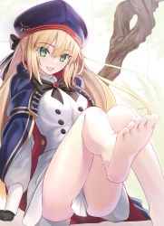 Rule 34 | 1girl, artoria caster (fate), artoria caster (second ascension) (fate), artoria pendragon (fate), belt, beret, black gloves, blonde hair, blue cape, blue hat, blush, breasts, buttons, cape, double-breasted, dress, fate/grand order, fate (series), feet, foot focus, foreshortening, gloves, green eyes, hat, highres, hood, hooded cape, long hair, long sleeves, looking at viewer, multicolored cape, multicolored clothes, neko daruma, red cape, small breasts, solo, twintails, white dress