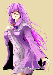 Rule 34 | 1girl, bad id, bad pixiv id, bespectacled, breasts, female focus, glasses, hair ribbon, highres, large breasts, no headwear, open mouth, patchouli knowledge, purple eyes, purple hair, ribbon, simple background, solo, touhou, yoxtut