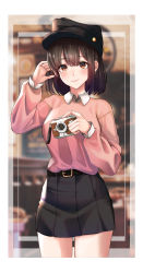 Rule 34 | 1girl, absurdres, bad id, bad pixiv id, belt, black hair, black hat, black skirt, blurry, blurry background, breasts, brown eyes, cabbie hat, camera, cowboy shot, earrings, hand up, hat, high-waist skirt, highres, holding, holding camera, jewelry, long sleeves, looking at viewer, medium breasts, michelan, miniskirt, original, pink shirt, pleated skirt, shirt, shirt tucked in, short hair, sidelocks, skirt, smile, solo, standing, wing collar