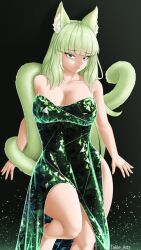 Rule 34 | 1girl, absurdres, against wall, animal ear fluff, animal ears, arknights, bare shoulders, breasts, cat ears, cat girl, cat tail, cleavage, crystal dress, dress, green dress, green eyes, green hair, harmonie (arknights), highres, large breasts, long hair, long tail, looking at viewer, simple background, smile, solo, sparkle, sparkle background, tail, takie arts, thick thighs, thighs, very long hair