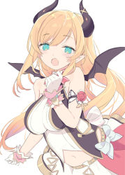 Rule 34 | 1girl, :o, bare shoulders, black wings, blade (galaxist), blonde hair, blush, bow, breasts, commentary request, demon girl, demon horns, demon wings, flower, gloves, green eyes, hair between eyes, highres, hololive, horns, large breasts, long hair, looking at viewer, mini wings, navel, open mouth, pleated skirt, pointy ears, red flower, red rose, rose, shirt, simple background, skirt, sleeveless, sleeveless shirt, solo, very long hair, virtual youtuber, white background, white bow, white gloves, white shirt, white skirt, wings, yuzuki choco