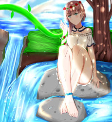 Rule 34 | 1girl, 995080356, anklet, bare shoulders, barefoot, blue eyes, highres, jewelry, short hair, sitting, stone, toenails, toes, tree, valley, warship girls r, water, wisconsin (warship girls r)