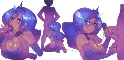 Rule 34 | 1boy, 1girl, ass, blue eyes, blue hair, blush, breasts, cleavage, detached sleeves, fellatio, handjob, hetero, horns, kneeling, large breasts, luna (my little pony), maniacpaint, my little pony, my little pony: friendship is magic, oral, penis, personification, pinky out, sequential, simple background, single horn, uncensored, white background