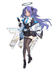 Rule 34 | 1girl, absurdres, arnold-s, belt, black gloves, black thighhighs, blue archive, blue eyes, blue necktie, blush, full body, gloves, halo, highres, holding, holding clothes, holding phone, holding skirt, id card, jacket, long hair, looking at viewer, mechanical halo, millennium science school logo, necktie, phone, purple eyes, shirt, skindentation, skirt, solo, thighhighs, thighs, twintails, white shirt, yuuka (blue archive)