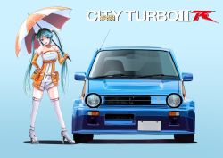 Rule 34 | 1girl, 3books, :d, aqua hair, blue background, blue eyes, breasts, car, cleavage, elbow gloves, full body, gloves, goodsmile racing, hatsune miku, high heels, holding, holding umbrella, honda, honda city, long hair, looking at viewer, medium breasts, motor vehicle, open mouth, orange gloves, race queen, racing miku, silver footwear, simple background, sleeveless, smile, solo, thighhighs, twintails, umbrella, vehicle focus, vehicle name, vocaloid, white thighhighs
