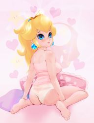 Rule 34 | 1girl, ass, barefoot, black-rayal, blonde hair, blue eyes, blush, breasts, camisole, crown, earrings, feet, female focus, from behind, jewelry, long hair, looking back, mario (series), nintendo, panties, princess peach, sitting, soles, solo, super mario bros. 1, toes, underwear, wedgie, white panties