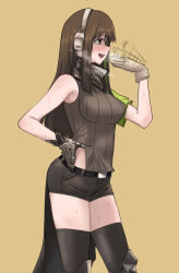Rule 34 | 1girl, absurdres, armband, asymmetrical gloves, bandana around neck, black thighhighs, blush, breasts, brown eyes, brown hair, brown shorts, commentary request, cowboy shot, fanning self, from side, girls&#039; frontline, gloves, green armband, green hair, headphones, highres, ingukoon, korean commentary, leotard, long hair, m4a1 (girls&#039; frontline), medium breasts, mismatched gloves, multicolored hair, open mouth, ribbed leotard, shorts, simple background, smile, solo, streaked hair, sweat, teeth, thighhighs, upper teeth only, yellow background