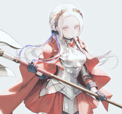 Rule 34 | 1girl, 21 (nijuichinichi), alternate hairstyle, armor, axe, blue eyes, breastplate, cape, closed mouth, edelgard von hresvelg, fire emblem, fire emblem: three houses, fire emblem warriors, fire emblem warriors: three hopes, gloves, hair ornament, hair ribbon, long hair, looking at viewer, nintendo, official alternate costume, official alternate hairstyle, purple eyes, red cape, ribbon, simple background, solo, weapon, white background, white hair