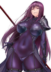 Rule 34 | 1girl, armor, bad id, bad pixiv id, bodysuit, breasts, covered navel, cowboy shot, fate/grand order, fate (series), gae bolg (fate), hair intakes, highres, holding, holding polearm, holding spear, holding weapon, large breasts, long hair, looking at viewer, pauldrons, polearm, purple bodysuit, purple hair, rantia, red eyes, scathach (fate), shoulder armor, simple background, solo, spear, standing, very long hair, weapon, white background