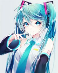 Rule 34 | 1055, 1girl, black sleeves, blue eyes, blue hair, blue nails, blue necktie, closed mouth, collared shirt, detached sleeves, grey background, hair between eyes, hair ornament, hatsune miku, headphones, headset, highres, long hair, long sleeves, looking at viewer, microphone, nail polish, necktie, shirt, sleeveless, sleeveless shirt, smile, solo, twintails, upper body, very long hair, vocaloid, white shirt, wing collar