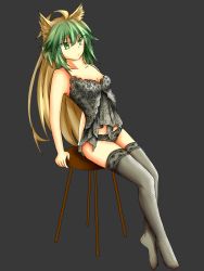 Rule 34 | 1girl, ahoge, animal ears, atalanta (fate), bare shoulders, blonde hair, breasts, chair, cleavage, collarbone, fate/apocrypha, fate/grand order, fate (series), full body, green eyes, green hair, grey background, highres, crossed legs, lingerie, long hair, matching hair/eyes, multicolored hair, panties, self-upload, simple background, sitting, solo, stool, thighhighs, two-tone hair, underwear, yin man tong xing