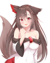 Rule 34 | 1girl, animal ears, breasts, brown hair, cleavage, dress, fang, imaizumi kagerou, large breasts, long hair, looking at viewer, off-shoulder dress, off shoulder, open mouth, red eyes, rururiaru, simple background, skin fang, solo, tail, touhou, upper body, white background, wolf ears, wolf girl, wolf tail