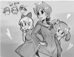 Rule 34 | 3boys, 3girls, ana (mother), annoyed, blush, bow, breasts, child, claus (mother 3), covered navel, dress, english text, greyscale, hair bow, hand on own hip, hat, heart, hood, kumatora, lucas (mother 3), medium breasts, monochrome, mother (game), mother 1, mother 2, mother 3, multiple boys, multiple girls, navel, ness (mother 2), ninten, nintendo, oekaki, open mouth, paula (mother 2), sho-n-d, short hair, short twintails, smile, standing, tight dress, twintails