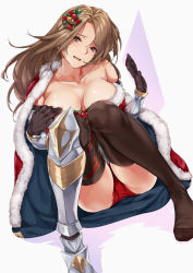 Rule 34 | 10s, 1girl, areola slip, armor, bell, black gloves, black thighhighs, blush, breasts, breath, brown hair, cape, collarbone, covering nipples, covering privates, elbow gloves, fur trim, gloves, granblue fantasy, greaves, hair bell, hair ornament, head tilt, highres, katalina (granblue fantasy), knees to chest, large breasts, long hair, open mouth, panties, red panties, single greave, solo, squatting, sweat, swept bangs, thighhighs, underwear, vambraces, yamaishi (mukoubuti)