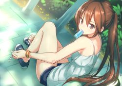Rule 34 | 1girl, bare legs, bare shoulders, brown eyes, brown hair, food, from behind, hiraga matsuri, hirasato, long hair, looking back, mouth hold, no socks, original, ponytail, popsicle, shoes, shorts, sitting, sneakers, solo, tying shoes, very long hair