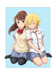 Rule 34 | 2girls, black pantyhose, black socks, blonde hair, blue background, blush, border, bow, brown hair, closed eyes, closed mouth, collared shirt, commentary request, full body, green eyes, grey skirt, hair ornament, hair scrunchie, highres, hitoribocchi no marumaru seikatsu, honshou aru, kneeling, kousin, leaning on person, long hair, looking at viewer, mole, mole under eye, multiple girls, no shoes, open mouth, pantyhose, pleated skirt, ponytail, red bow, red scrunchie, school uniform, scrunchie, shirt, short hair, skirt, sleeping, sleeping on person, smile, socks, split mouth, sunao nako, sweater vest, white border, white shirt, yellow sweater vest