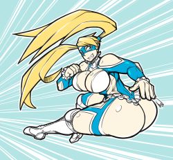 Rule 34 | 1girl, ass, blonde hair, blue eyes, breasts, hip attack, kimyouna juju, large breasts, leotard, mask, rainbow mika, solo, street fighter, street fighter v, striped, striped background, twintails