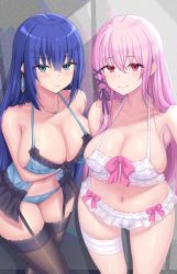 Rule 34 | 2girls, black thighhighs, blue eyes, blue hair, blush, breasts, chin gero, cleavage, earrings, engage kiss, frills, garter straps, highres, jewelry, kisara (engage kiss), large breasts, lingerie, long hair, looking at viewer, multiple girls, necklace, pink hair, pink ribbon, red eyes, ribbon, smile, thighhighs, underwear, yuugiri ayano