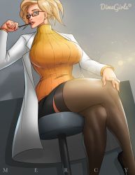 Rule 34 | 1girl, absurdres, black footwear, black skirt, blonde hair, blue eyes, breasts, commentary, earrings, english commentary, highres, huge breasts, jewelry, lab coat, lips, lipstick, looking at viewer, makeup, mercy (overwatch), moxy doxy, overwatch, overwatch 1, parted lips, pen, pencil skirt, see-through, see-through legwear, semi-rimless eyewear, short ponytail, sitting, skirt, solo, stud earrings, sweater, thick thighs, thighhighs, thighs, turtleneck, turtleneck sweater, under-rim eyewear, yellow sweater
