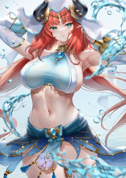 Rule 34 | 1girl, armlet, armpits, arms behind head, arms up, blue skirt, blush, bracer, breasts, brooch, cyicheng, detached sleeves, genshin impact, green eyes, hair ornament, harem outfit, horns, jewelry, large breasts, long hair, long sleeves, looking at viewer, navel, neck ring, nilou (genshin impact), parted lips, puffy long sleeves, puffy sleeves, red hair, sash, sidelocks, skirt, smile, solo, thighs, veil, water