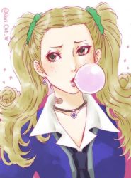 Rule 34 | 1girl, ayase yuka, bandaid, blonde hair, brown eyes, blowing bubbles, chewing gum, earrings, freckles, jewelry, long hair, necklace, necktie, persona, persona 1, school uniform, scrunchie, solo, twintails, twitter username, upper body, wakky (rari-cat)