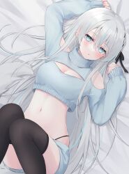 Rule 34 | 1girl, absurdres, arm up, bed sheet, black thighhighs, blue eyes, blue shirt, blue shorts, breasts, cleavage, cleavage cutout, clothing cutout, crop top, crop top overhang, earrings, fox tail, hair ribbon, hand up, highleg, highres, indie virtual youtuber, jewelry, legs up, long hair, long sleeves, looking at viewer, lying, medium breasts, midriff, mizushiro kumori, multicolored hair, navel, on back, panty straps, parted lips, ribbon, shano hiyori, shirt, short shorts, shorts, shoulder cutout, solo, stomach, streaked hair, tail, thighhighs, very long hair, virtual youtuber, white hair