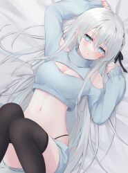 1girl absurdres arm_up bed_sheet black_thighhighs blue_eyes blue_shirt blue_shorts breasts cleavage cleavage_cutout clothing_cutout crop_top crop_top_overhang earrings fox_tail hair_ribbon hand_up highleg highres indie_virtual_youtuber jewelry legs_up long_hair long_sleeves looking_at_viewer lying medium_breasts midriff mizushiro_kumori multicolored_hair navel on_back panty_straps parted_lips ribbon shano_hiyori shirt short_shorts shorts shoulder_cutout solo stomach streaked_hair tail thighhighs very_long_hair virtual_youtuber white_hair