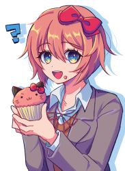 Rule 34 | 1girl, :3, :d, ?, blue eyes, bow, brown hair, cupcake, doki doki literature club, eyes visible through hair, food, food on face, hair between eyes, hair bow, holding, looking at viewer, open mouth, red bow, sasakama (sasagaki01), sayori (doki doki literature club), school uniform, simple background, smile, solo, upper body, white background