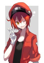 Rule 34 | 10s, 1girl, ae-3803, ahoge, beret, black shirt, breasts, collarbone, gloves, hair between eyes, hat, hataraku saibou, jacket, kayanogura, looking at viewer, name tag, one eye closed, open mouth, red blood cell (hataraku saibou), red hair, red jacket, shirt, short hair, short sleeves, small breasts, smile, solo, t-shirt, upper body, v, white gloves