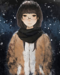 Rule 34 | 1girl, black scarf, brown eyes, brown hair, coat, crying, crying with eyes open, glasses, mo-mantai, original, scarf, snow, solo, tears