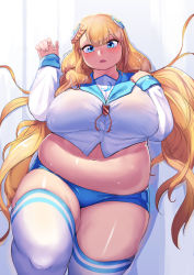 Rule 34 | 1girl, abstract background, absurdres, belly, blonde hair, blue eyes, blunt bangs, blush, braid, breasts, buruma, dot nose, fat, feet out of frame, hair between eyes, highres, huge breasts, large breasts, last origin, long hair, looking at viewer, midriff, muffin top, navel, no pants, open mouth, plump, school uniform, serafuku, skindentation, solo, striped clothes, striped thighhighs, tajyador, thick thighs, thighhighs, thighs, underwear, undine (last origin), very long hair, white thighhighs