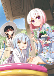 Rule 34 | 3girls, black hair, blush, brown eyes, brown skirt, closed mouth, collarbone, day, grey hair, highres, hose, long hair, looking at viewer, low twintails, medium hair, multicolored hair, multiple girls, open mouth, original, outdoors, parted lips, pink hair, purple eyes, short hair, short twintails, sitting, skirt, smile, sparkling eyes, twintails, two-tone hair, white hair, white headwear, yume no owari
