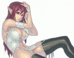 Rule 34 | 1girl, breasts, elf, large breasts, long hair, midriff, original, pointy ears, red eyes, red hair, sasagawa (haikaiki), solo, thighhighs, torn clothes