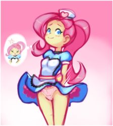 Rule 34 | 1girl, anger vein, angry, blue dress, breasts, closed eyes, colored skin, drantyno, dress, fluttershy, hasbro, hat, heart, highres, long hair, medium breasts, my little pony, my little pony: equestria girls, my little pony: friendship is magic, nurse, nurse cap, panties, pink background, pink hair, pink panties, ponytail, pout, puffy sleeves, short sleeves, standing, thinking, underwear, white headwear, wind, wind lift, yellow skin