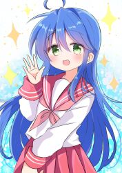 Rule 34 | 1girl, :d, ahoge, blue hair, blush, eyebrows hidden by hair, green eyes, hair between eyes, hand up, highres, izumi konata, leg up, long hair, long sleeves, looking at viewer, lucky star, mole, mole under eye, nanami ayane (kusunoki5050), neckerchief, open mouth, outstretched arms, pink neckerchief, pink skirt, pleated skirt, puffy sleeves, red footwear, red sailor collar, ryouou school uniform, sailor collar, school uniform, serafuku, simple background, skirt, smile, socks, solo, standing, standing on one leg, star (symbol), upper body, very long hair, white socks