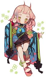 Rule 34 | 1girl, \n/, black bow, black skirt, blue kimono, blush, blush stickers, bow, bracelet, braid, cherry blossom print, chibi, closed mouth, commentary, commission, english commentary, eyelashes, fingernails, floral print, flower, footwear flower, frilled skirt, frills, geta, gradient horns, green eyes, green flower, green nails, hair flower, hair ornament, hand up, highres, horns, japanese clothes, jewelry, kimono, littlebluemuffin, long hair, long sleeves, looking at viewer, miniskirt, multicolored horns, necklace, original, outstretched arm, pearl bracelet, pearl necklace, pink hair, pink horns, red footwear, sharp fingernails, skirt, sleeve bow, smile, socks, tabi, tassel, thick eyebrows, transparent background, tree print, twin braids, white socks, wide sleeves