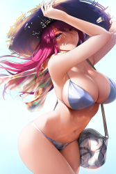 Rule 34 | 1girl, arms up, bag, bare arms, bare shoulders, bikini, blue background, blue bikini, breasts, commentary, cowboy shot, grey eyes, hair between eyes, hand on headwear, handbag, hat, highres, large breasts, long hair, looking at viewer, navel, obaoba (monkeyix), original, pink hair, scarf, smile, solo, standing, stomach, straw hat, swimsuit, symbol-only commentary, thighs