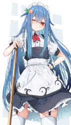 Rule 34 | 1girl, absurdres, alternate costume, ascot, blue hair, blush, closed mouth, commentary request, enmaided, food-themed hair ornament, garter straps, hair between eyes, hair ornament, hand on own hip, highres, hinanawi tenshi, long hair, looking at viewer, maid, maid headdress, no headwear, no headwear, one eye closed, peach hair ornament, puffy short sleeves, puffy sleeves, red ascot, red eyes, short sleeves, solo, standing, thighhighs, thighs, touhou, tsune (tune), white thighhighs