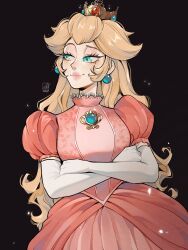 Rule 34 | 1girl, absurdres, batsy (batsyart), black background, blonde hair, breasts, closed mouth, cowboy shot, crossed arms, crown, dress, elbow gloves, gem, gloves, highres, large breasts, long hair, looking to the side, mario (series), nintendo, pink dress, princess peach, puffy short sleeves, puffy sleeves, short sleeves, signature, simple background, smile, solo, the super mario bros. movie, white gloves