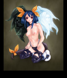Rule 34 | 1girl, arc system works, asymmetrical wings, blue hair, breasts, dizzy (guilty gear), guilty gear, necro (guilty gear), nipples, red eyes, ribbon, tail, tail ornament, tail ribbon, thighhighs, topless, undine (guilty gear), wings