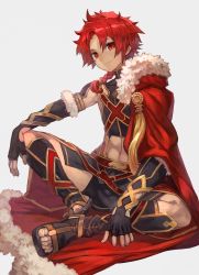Rule 34 | 1boy, abs, alexander (fate), braid, cape, closed mouth, commentary request, fate/grand order, fate (series), full body, fur-trimmed cape, fur-trimmed sleeves, fur trim, highres, lack, long hair, male focus, midriff, navel, toeless footwear, red cape, red eyes, red hair, shoes, simple background, sitting, smile, solo