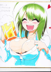 Rule 34 | 1girl, ^ ^, absurdres, alcohol, beer, beer mug, black bra, blush, bra, breasts, bursting breasts, cleavage, closed eyes, cup, drunk, closed eyes, female focus, green hair, heart, highres, kazami yuuka, lace, lace-trimmed bra, lace trim, large breasts, mattari yufi, mug, open mouth, shikishi, short hair, smile, solo, touhou, traditional media, underwear, upper body