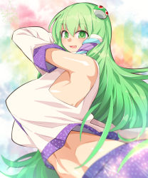 Rule 34 | 1girl, armpits, breasts, commentary request, detached sleeves, frog hair ornament, green eyes, green hair, hair ornament, hair tubes, highres, kochiya sanae, large breasts, long hair, midriff, navel, open mouth, sideboob, simple background, snake hair ornament, solo, touhou, umigarasu (kitsune1963), upper body, very long hair