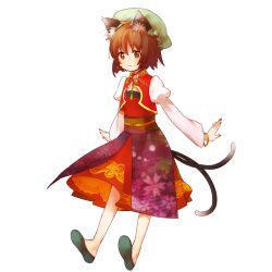 Rule 34 | 1girl, :3, alternate costume, animal ears, bracelet, brown eyes, brown hair, cat ears, cat girl, cat tail, chen, earrings, female focus, full body, highres, jewelry, multiple tails, nail polish, no nose, outstretched arms, red nails, sabo (fuya 2), short hair, single earring, solo, tail, touhou, transparent background